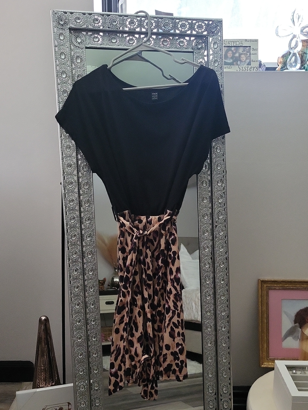 NWOT🐆 Black Top with Leopard Print Skirt Tie-Waist Dress